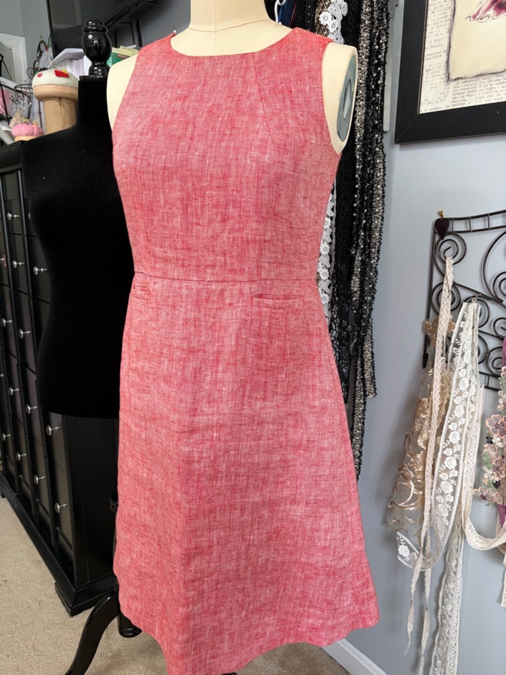 Sleeveless Red Linen A-Line Dress